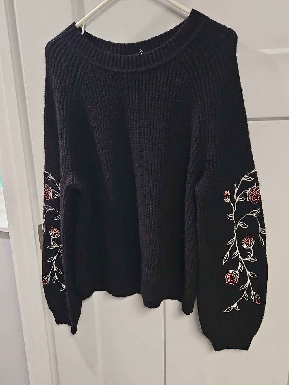 torrid Black Crewneck Sweater with Rose Sleeve Embroidery